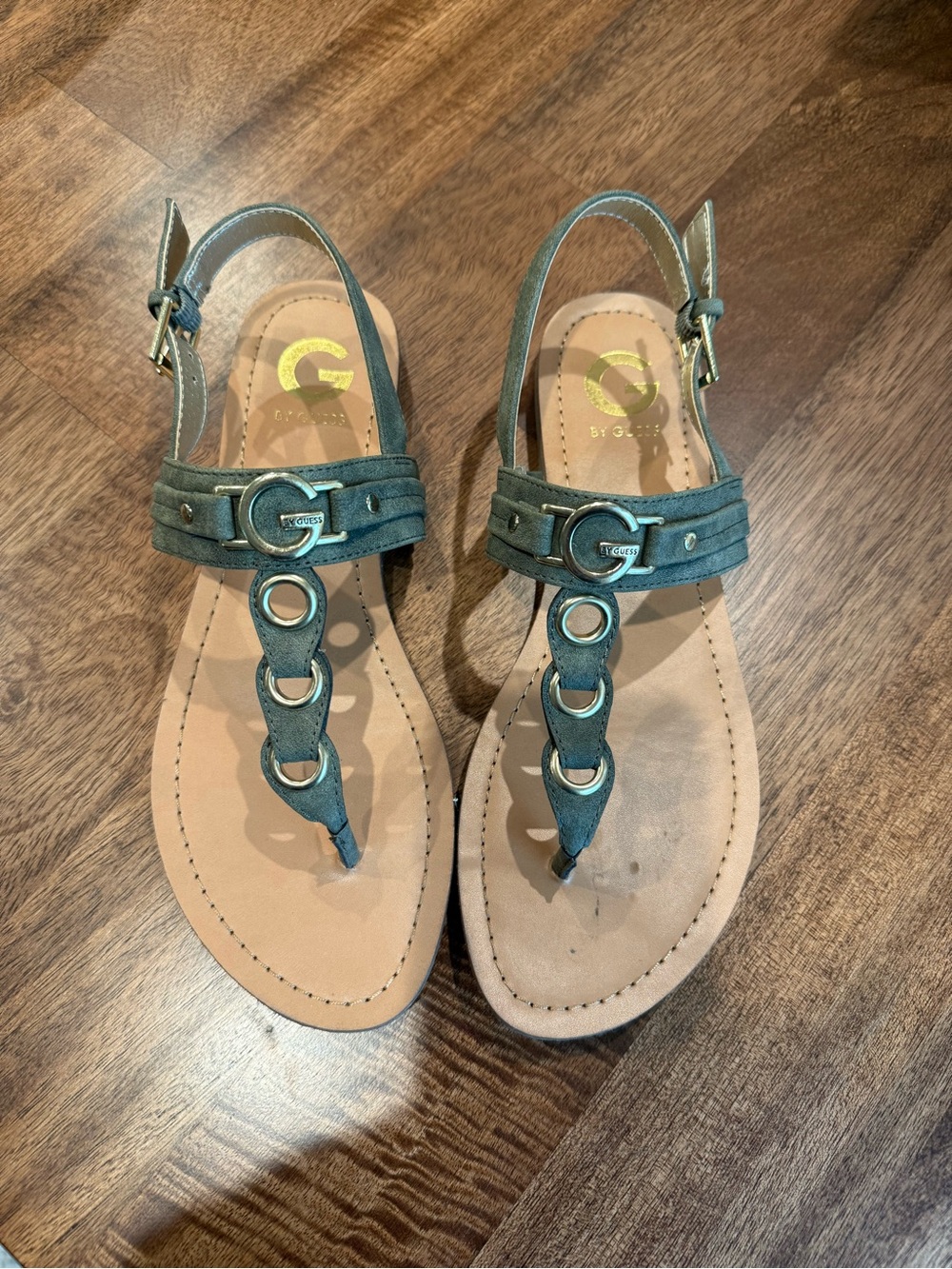 G by Guess Teal Green T‑Strap Ring Accent Sandals